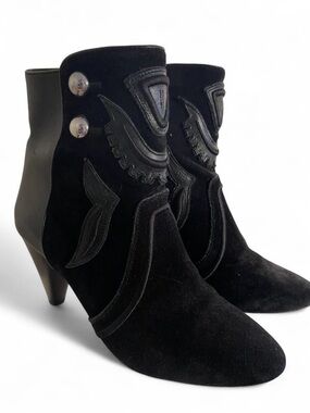 Isabel Marant Black Suede Embroidered Ankle Boots with Button Detail